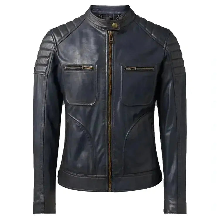 Men's Navy Blue Sheepskin Leather Biker Jacket-0