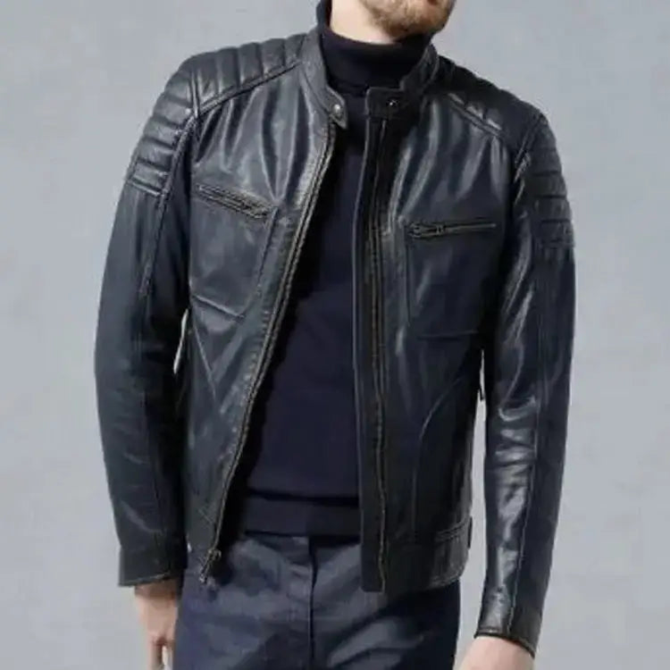 Men's Navy Blue Sheepskin Leather Biker Jacket-1