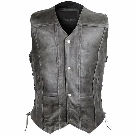 Men’s Distressed Grey Cowhide Leather Vest-0
