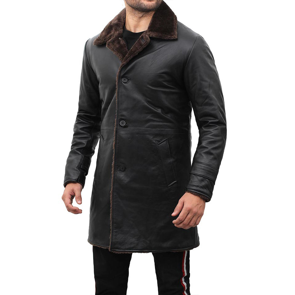 Mens Black Shearling Leather Coat-3