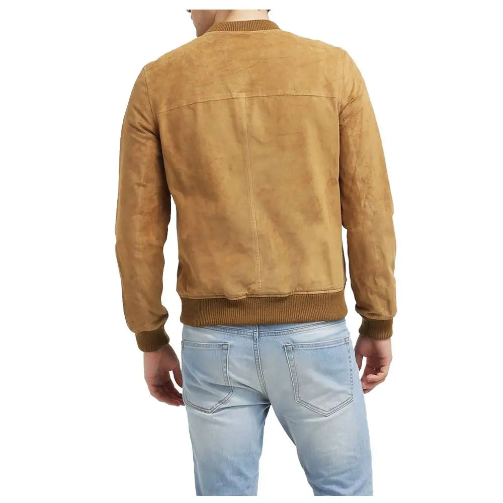 Men's Tan Suede Leather Bomber Jacket-3