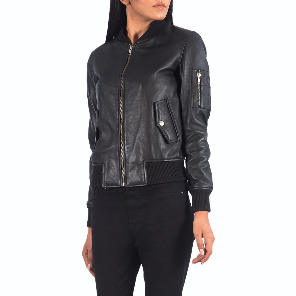 Womens Aviator Black Leather Bomber Jacket - M