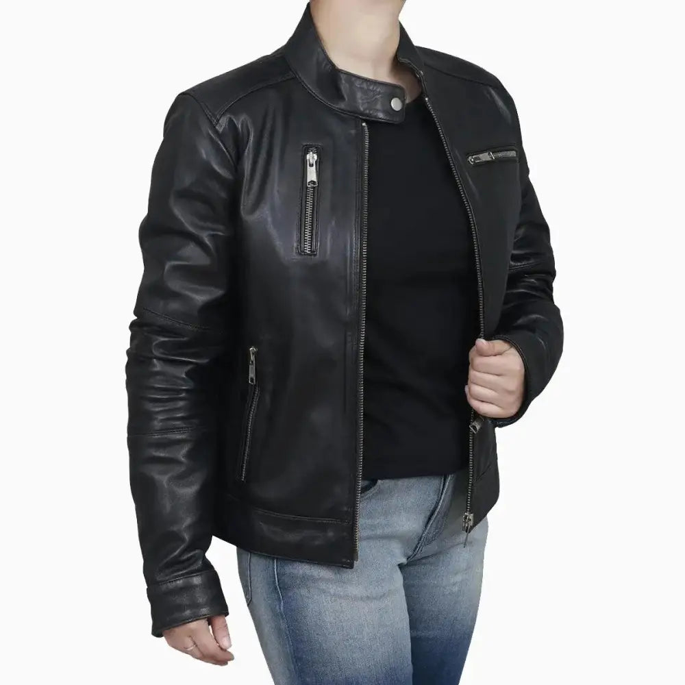 Womens Black Leather Biker Jacket-2