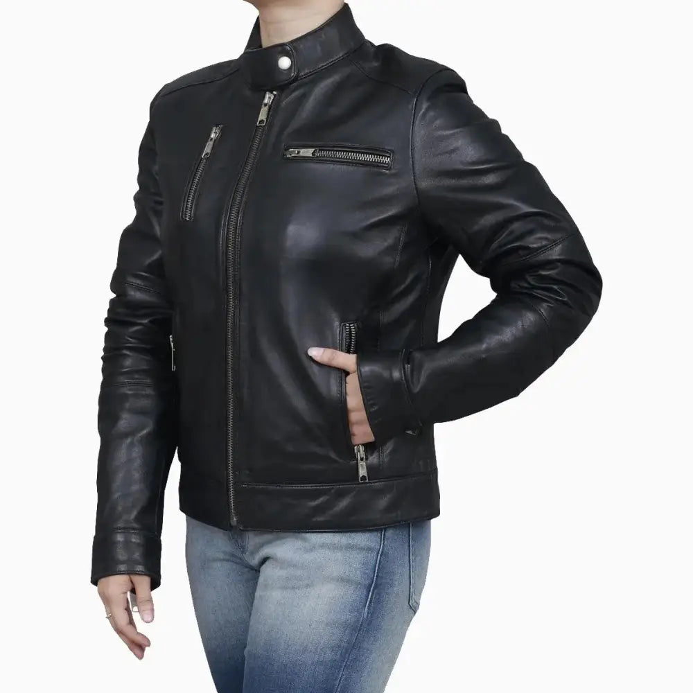 Womens Black Leather Biker Jacket-1