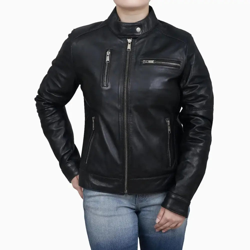 Womens Black Leather Biker Jacket-0
