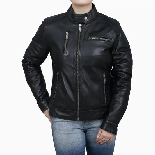 Womens Black Leather Biker Jacket-0