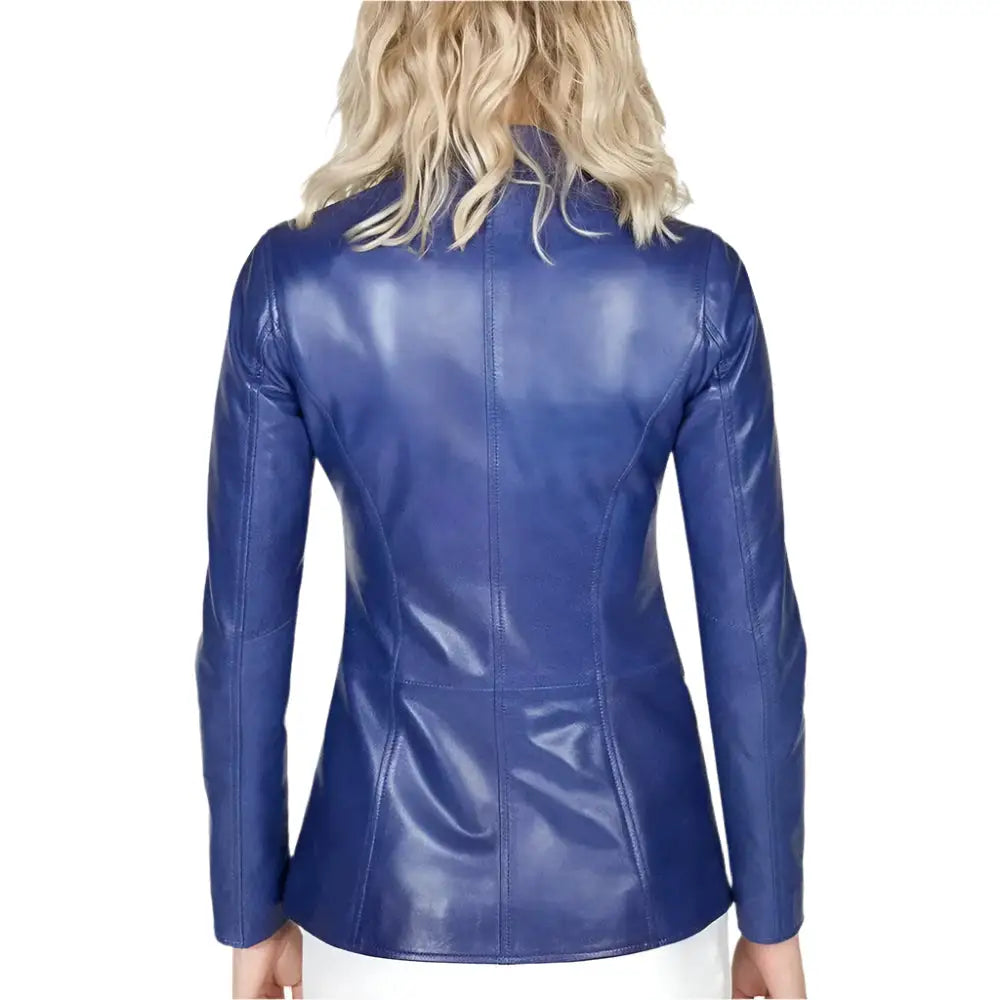 Women's Blue Leather Blazer Jacket-3