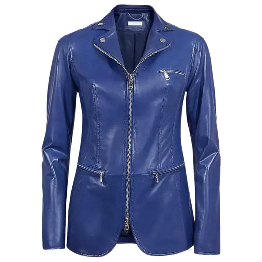 Women's Blue Leather Blazer Jacket-0