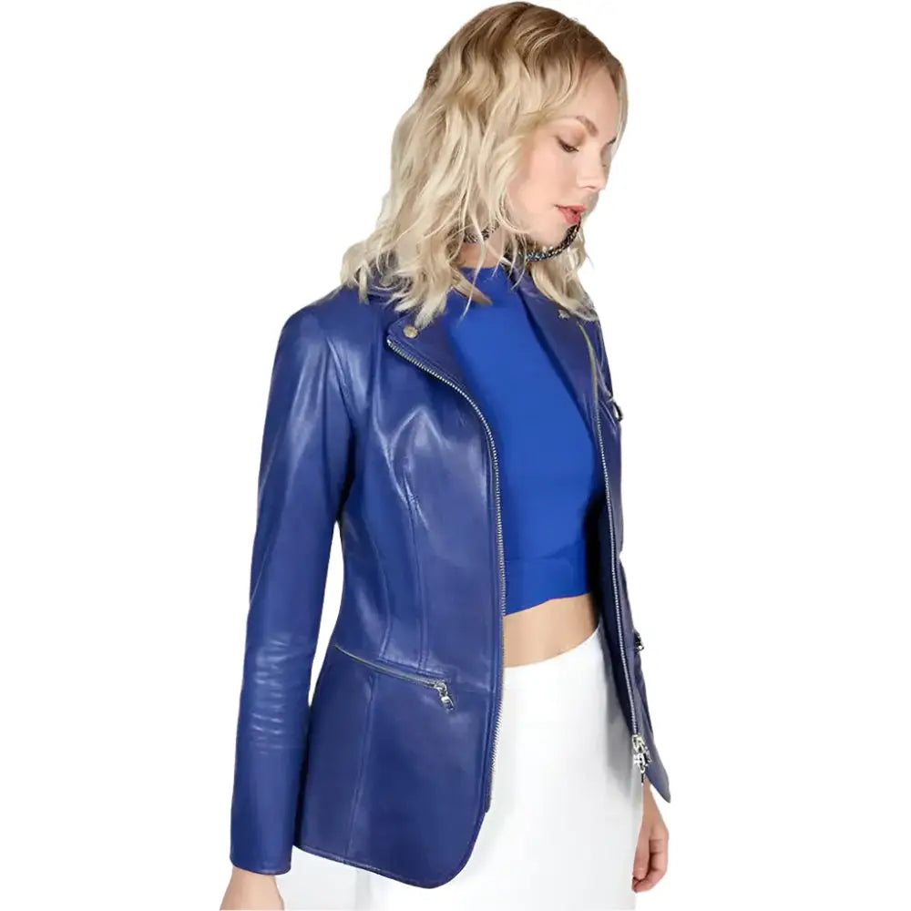 Women's Blue Leather Blazer Jacket-2