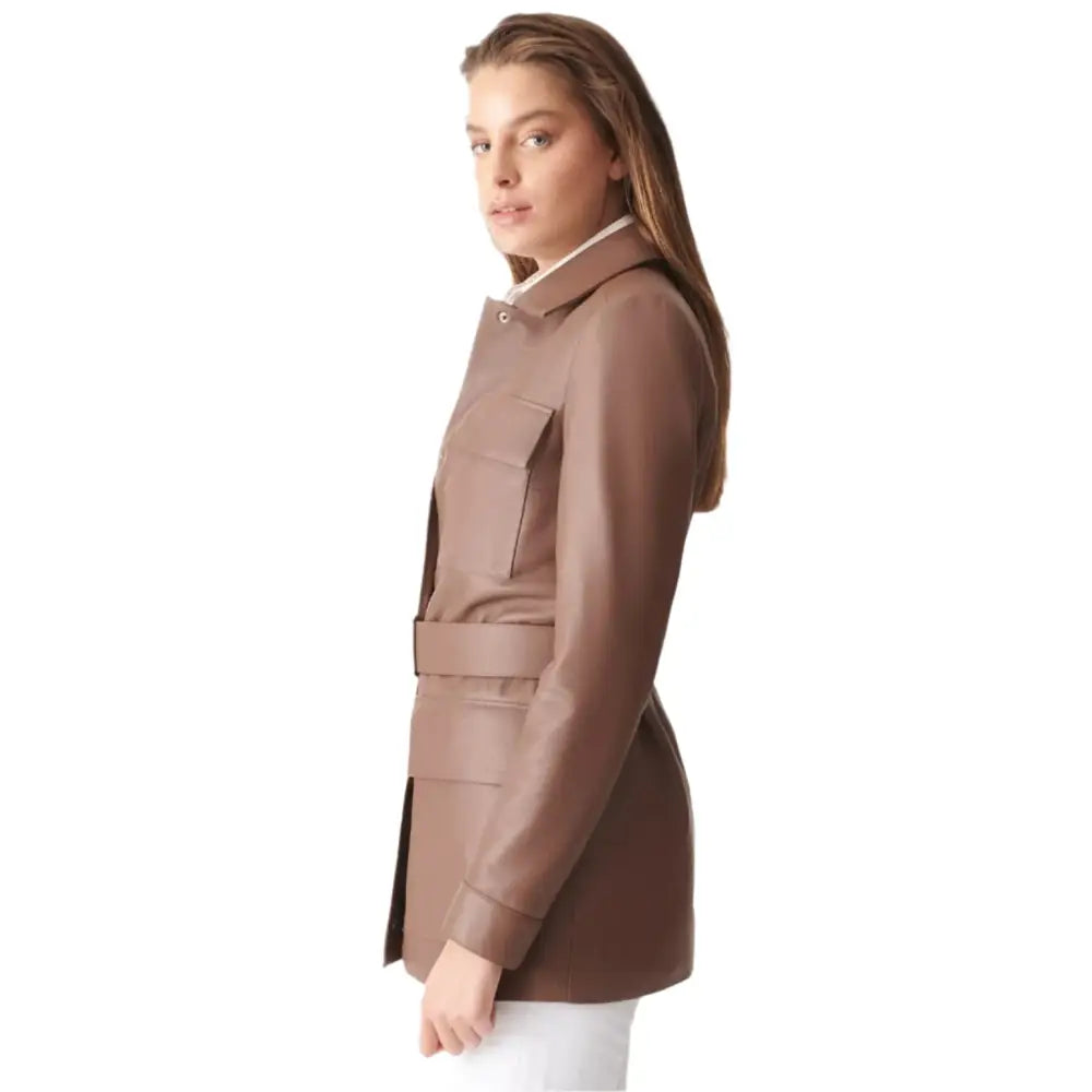 Women’s Brown Belted Leather Coat-1