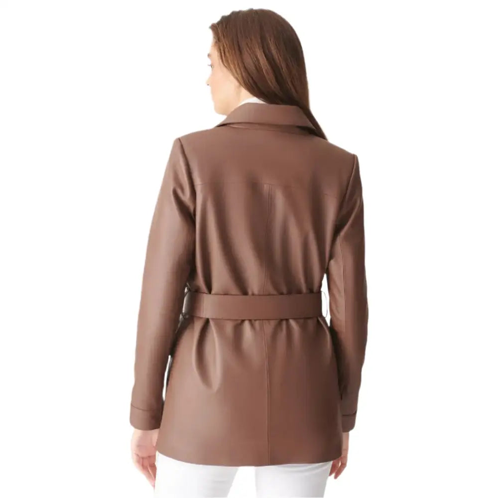 Women’s Brown Belted Leather Coat-2