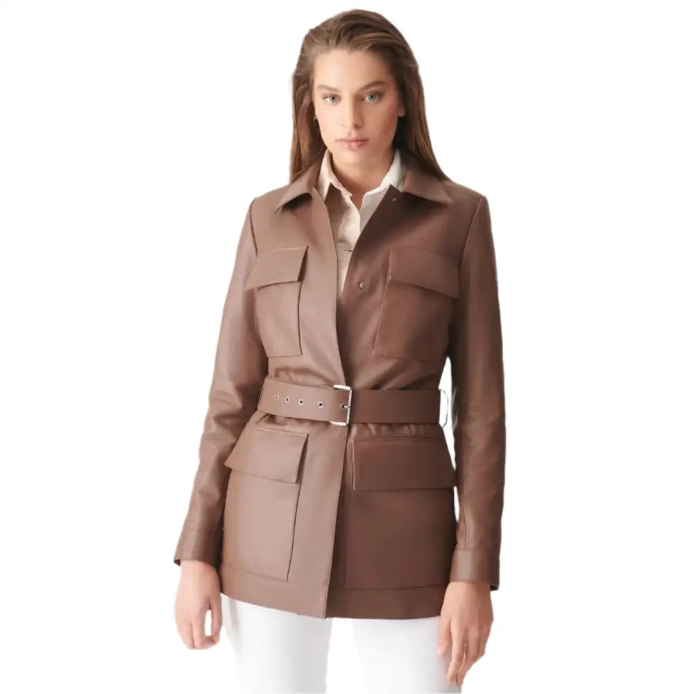 Women’s Brown Belted Leather Coat-0
