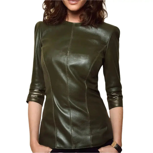 Women's Half Sleeve Leather Top-0